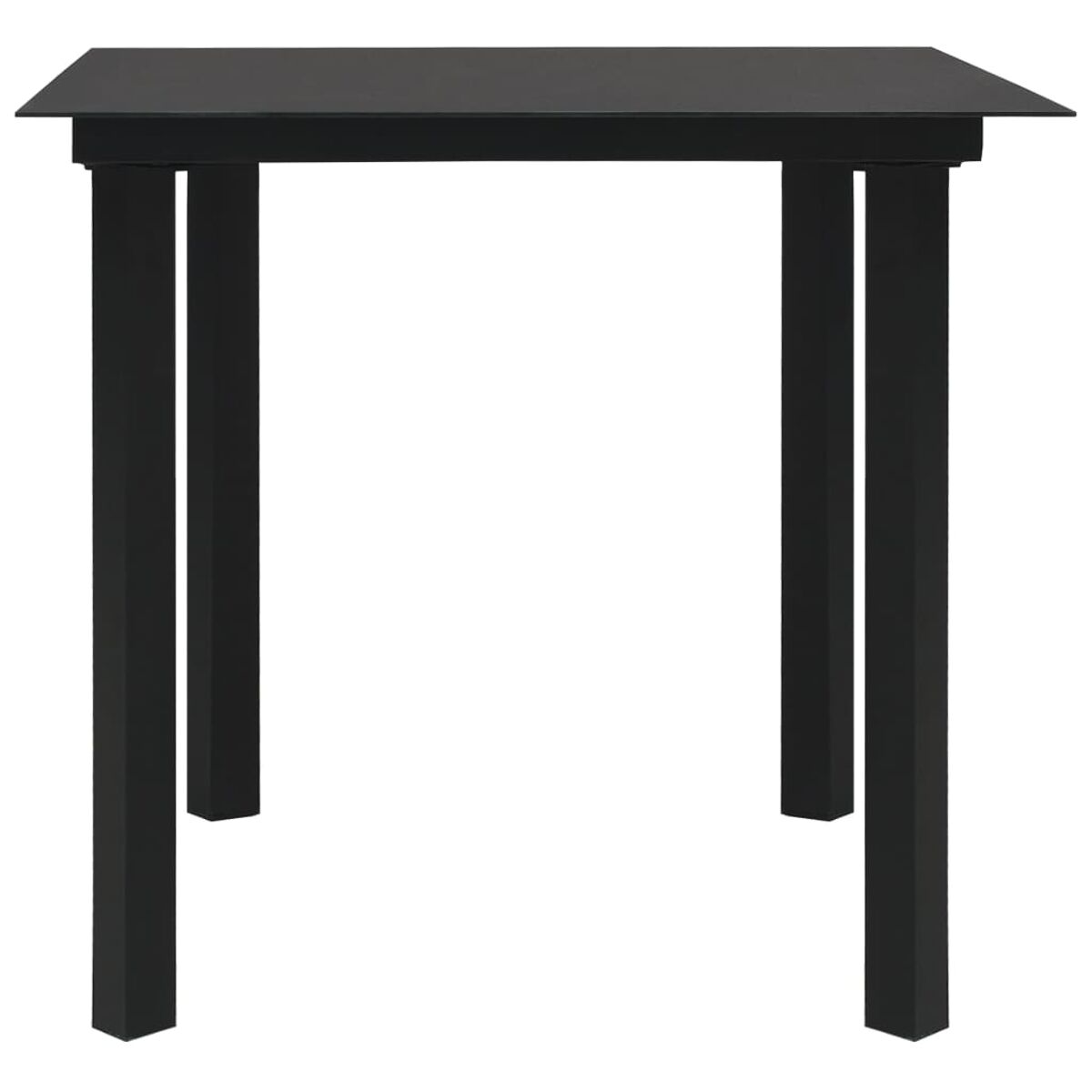 Ein schwarzer Tisch mit vier Beinen. Der Tisch ist quadratisch und hat eine ebene Oberfläche.