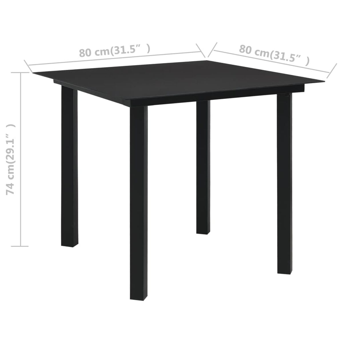 Schwarzer quadratischer Tisch mit den angegebenen Abmessungen.