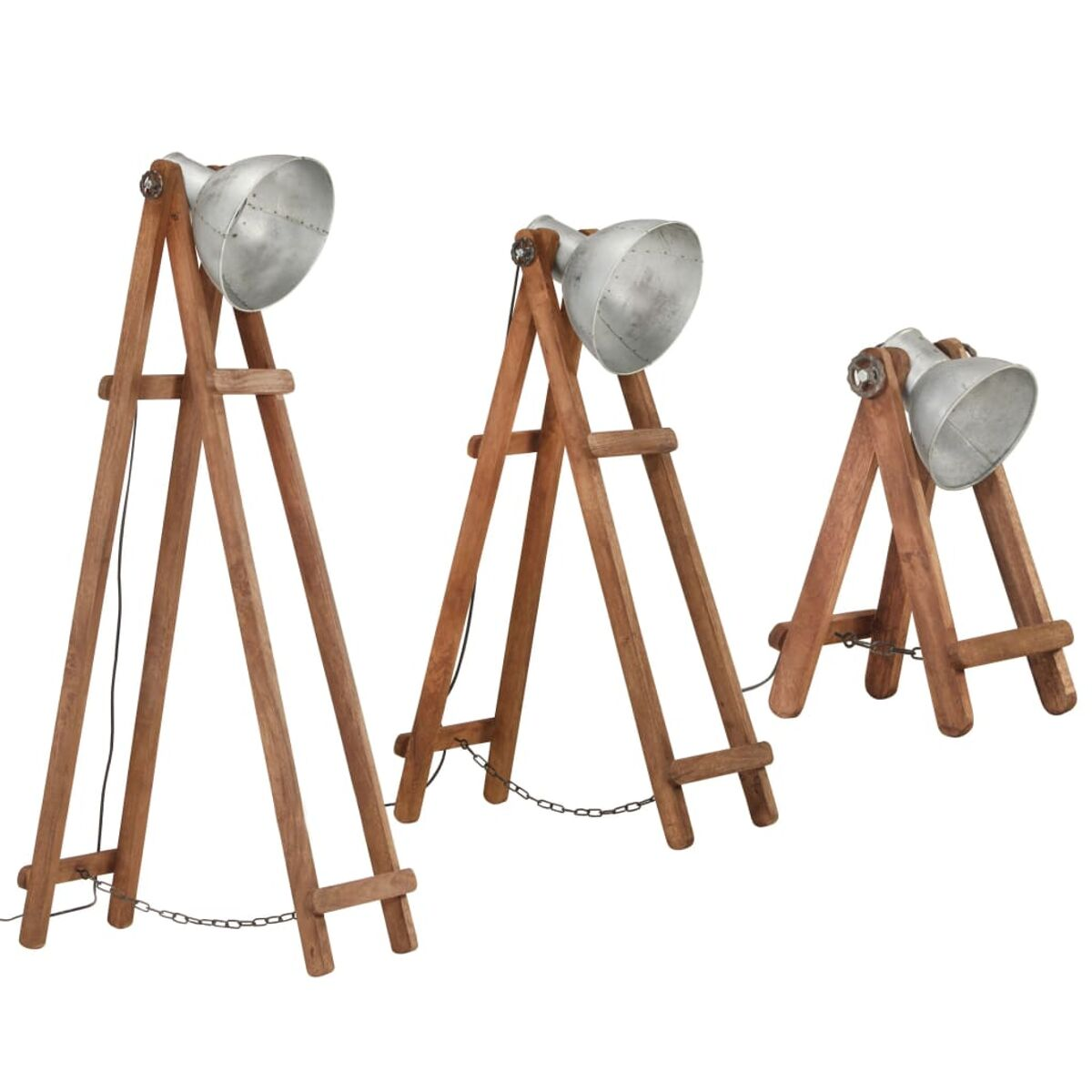 Drei Holzstativlampen in verschiedenen Größen. Jede hat einen Metalllampenschirm.