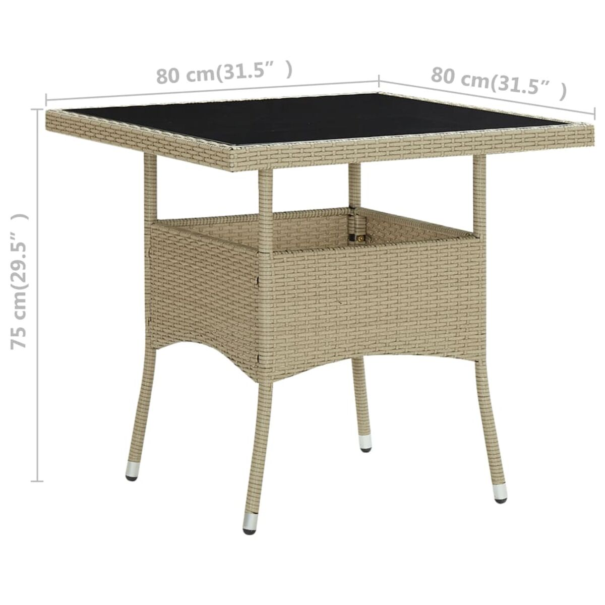 Quadratischer Gartentisch mit schwarzer Platte und Korbflechtseiten. 80x80cm, 75cm hoch.