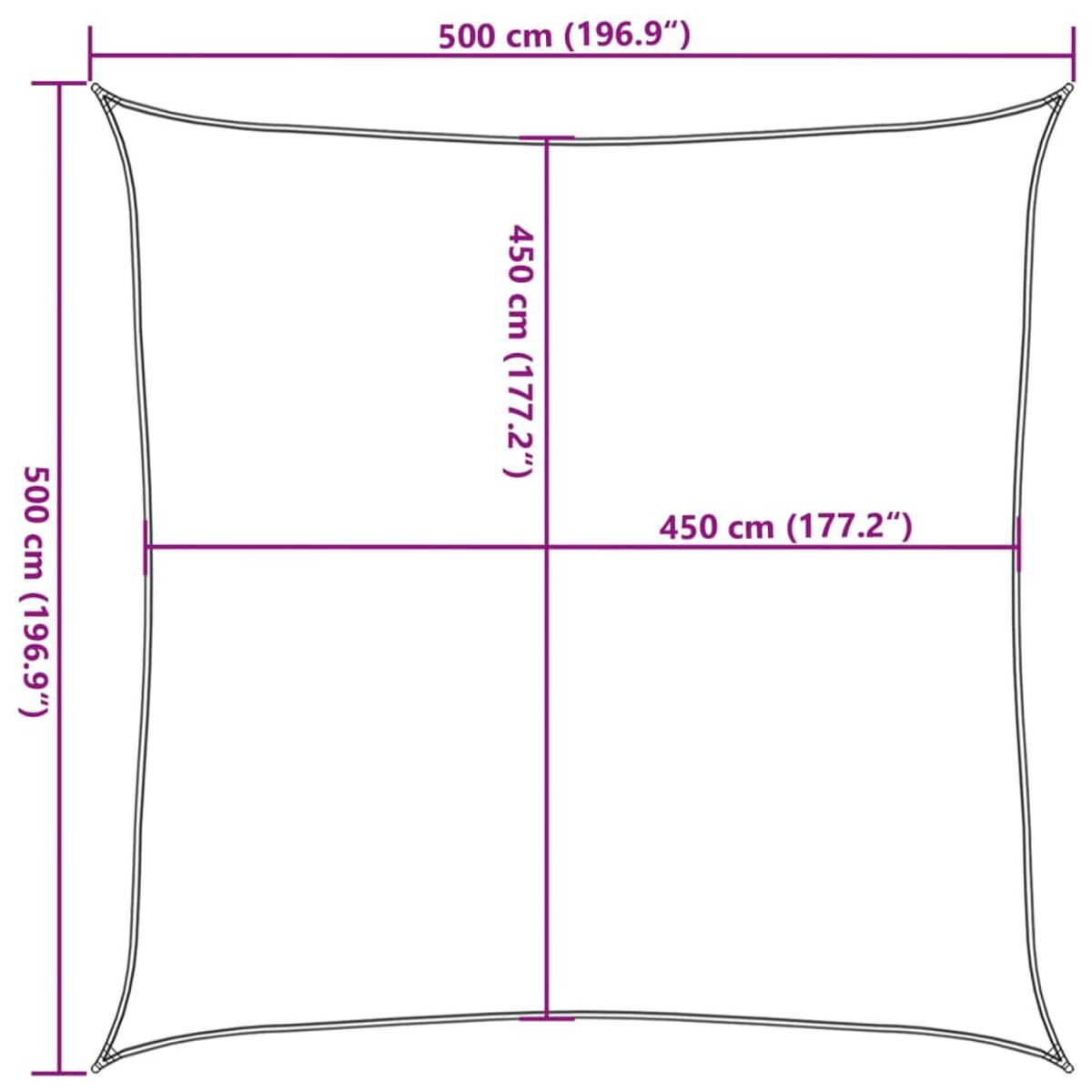 Tenda parasole quadrata con dimensioni: 500 cm (196.9") per lato, 450 cm (177.2") diagonali.