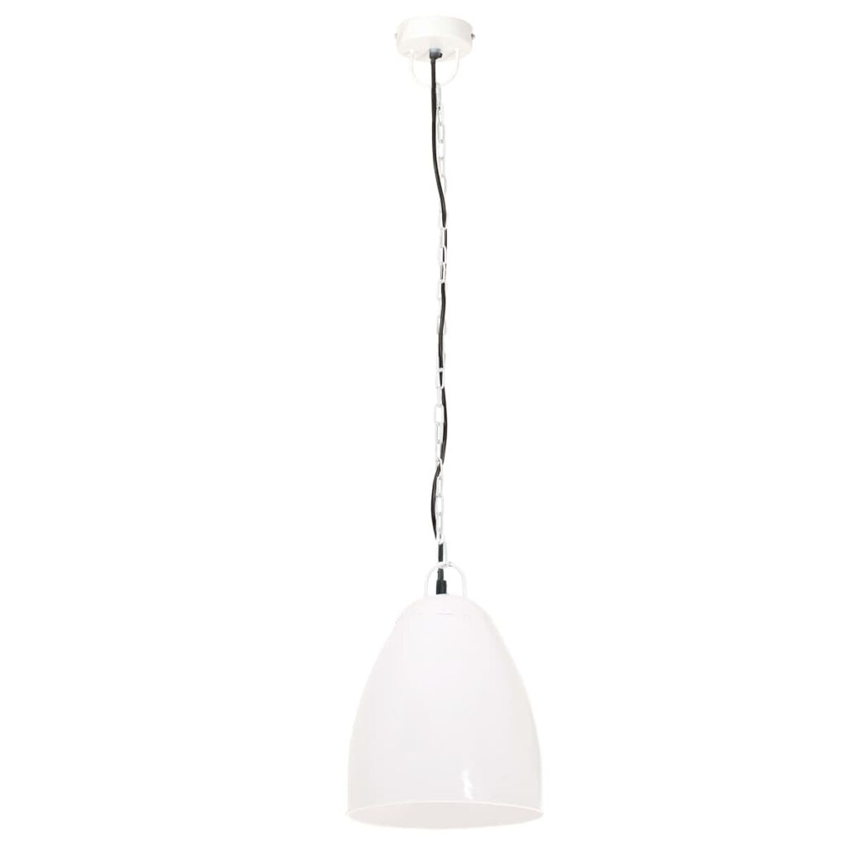 Eine weiße Hängelampe mit einem tropfenförmigen Schirm. Sie hängt an einem weißen Kabel.