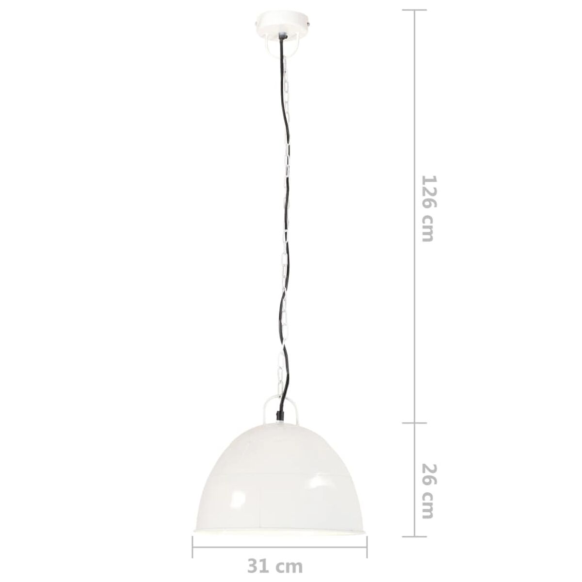 Weiße Pendelleuchte mit Maßen. Weißer Hintergrund. Schwarzes Kabel.