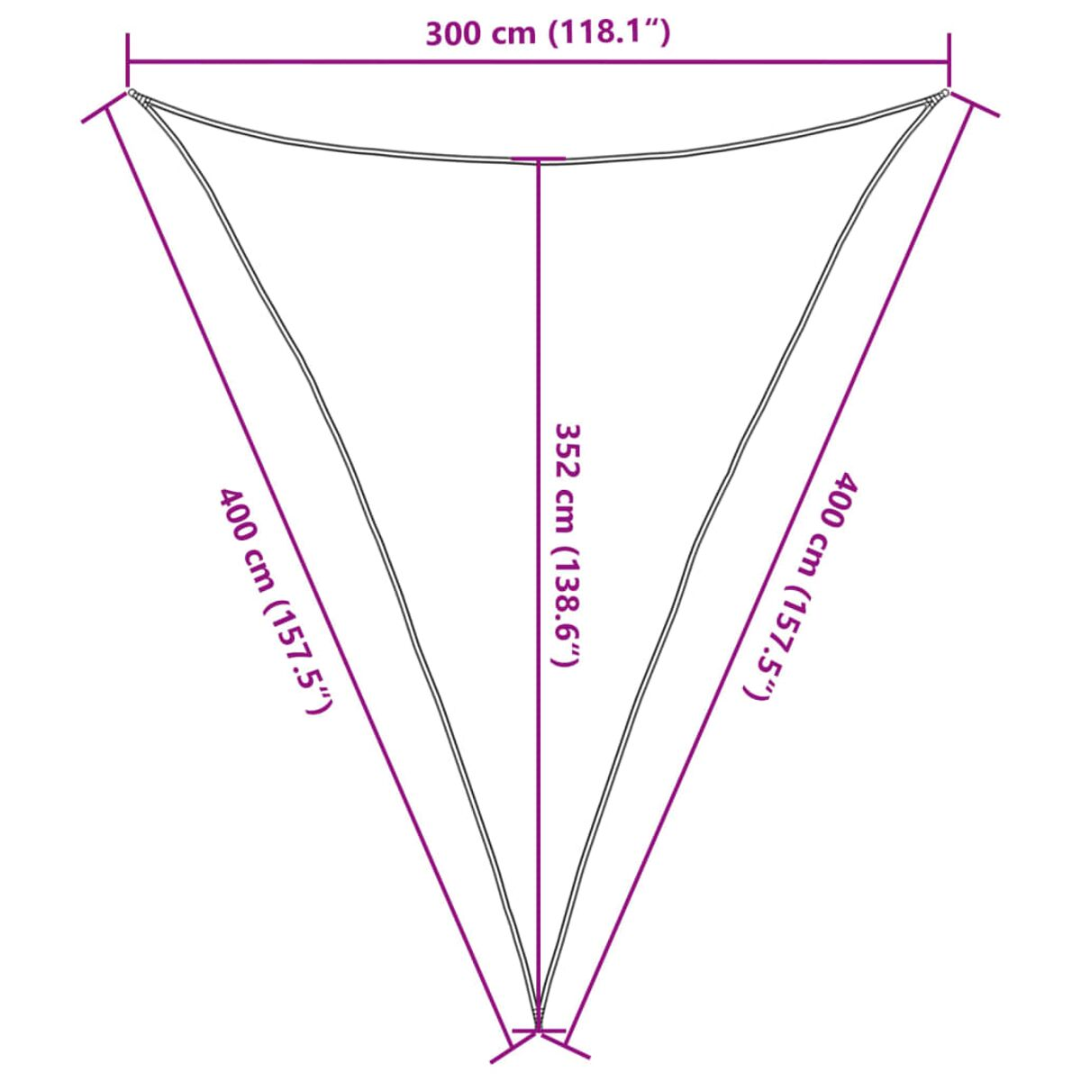 Vela parasole triangolare, dimensioni fornite. I bordi sono rinforzati con anelli metallici.