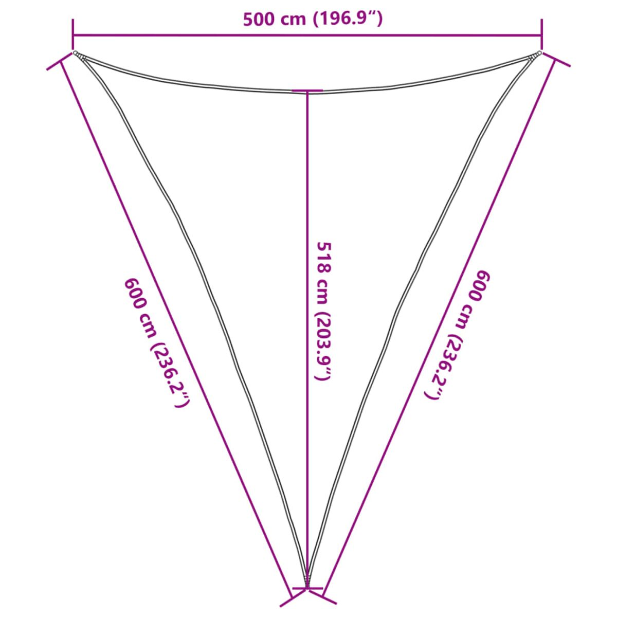 Sonnensegel Abmessungen: 500 cm x 600 cm. Die Abmessungen sind in cm und Zoll angegeben.