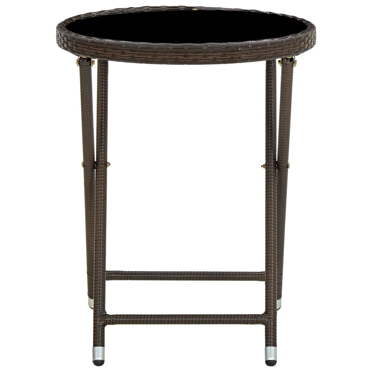 Runder brauner Tisch mit schwarzer Glasplatte.
