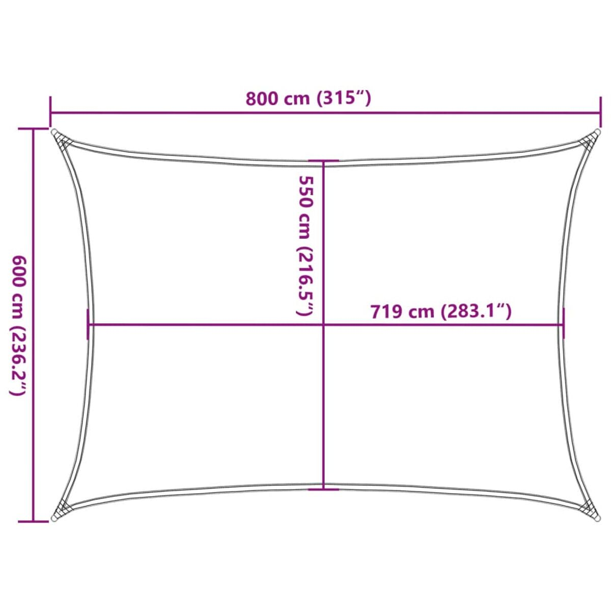 Diagramma che mostra un parasole quadrato con dimensioni in cm e pollici.