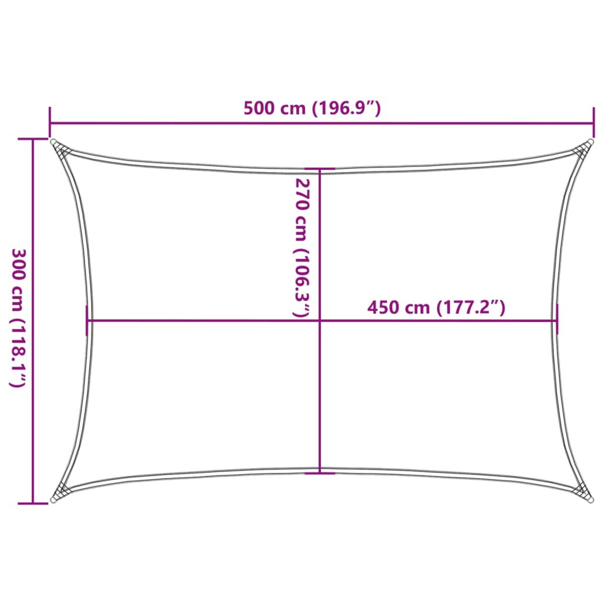 Sonnensegel mit Maßen: 500 cm x 300 cm, 270 cm und 450 cm mit Linien markiert.