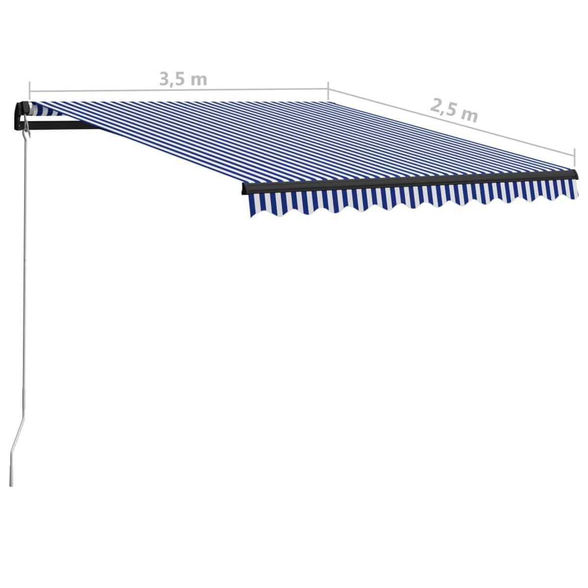 Blau-weiß gestreifte Markise. Abmessungen sind 3,5 m x 2,5 m.