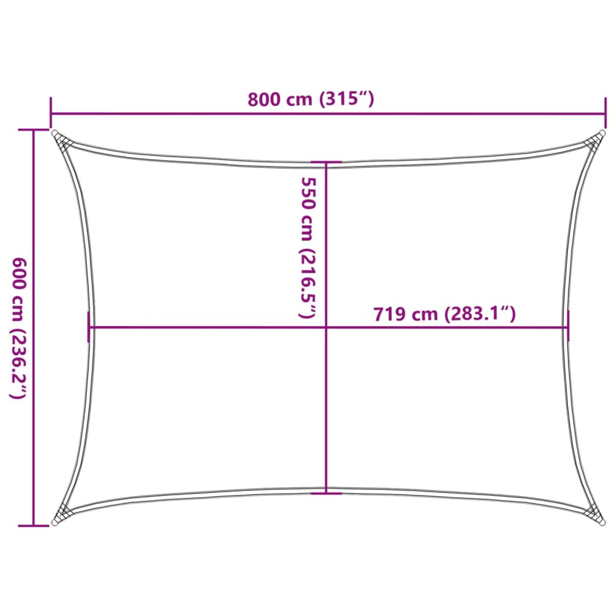 Großer quadratischer Sonnenschirm mit den Maßen 800 cm x 600 cm. Der Hintergrund ist weiß.