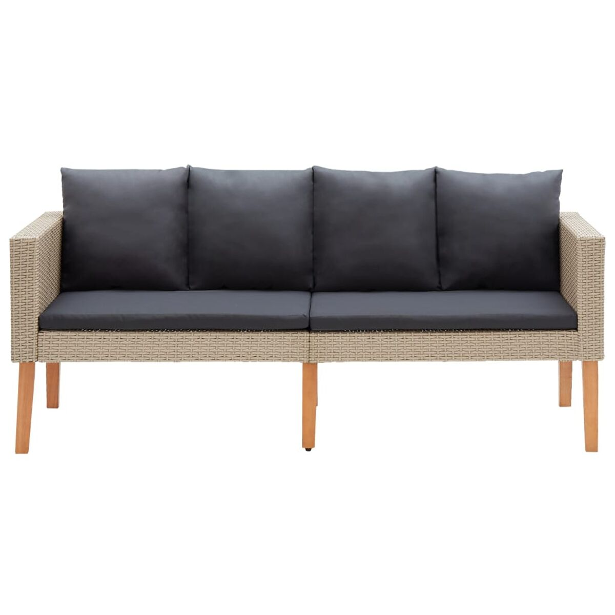 Beiges Korbmöbelsofa mit drei grauen Kissen. Holzbeine. Weißer Hintergrund.