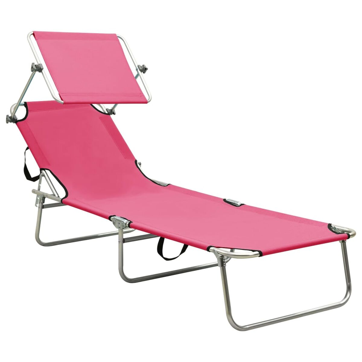 Rosa zusammenklappbarer Strandstuhl mit Sonnenschutz, mit weißem Hintergrund.