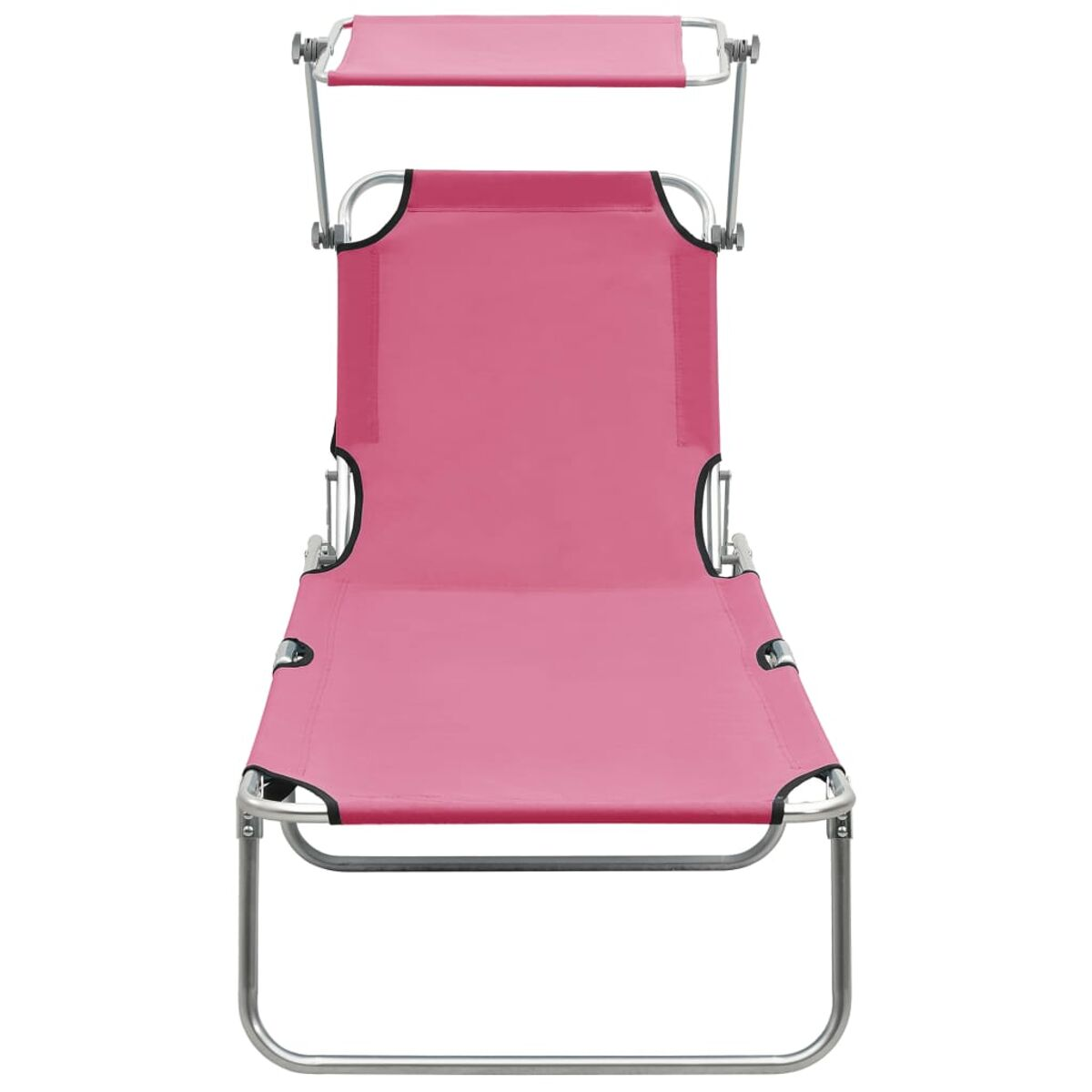 Rosa Outdoor-Liegestuhl, silberner Rahmen, mit Sonnenschutz und Metallrahmen.