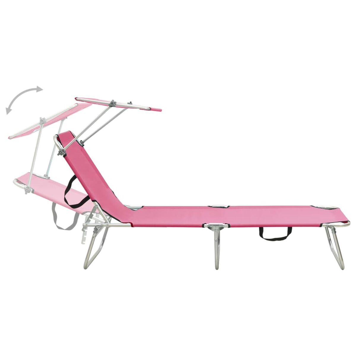 Rosa zusammenklappbarer Strandstuhl mit verstellbarem Verdeck und silbernem Gestell auf weißem HG.