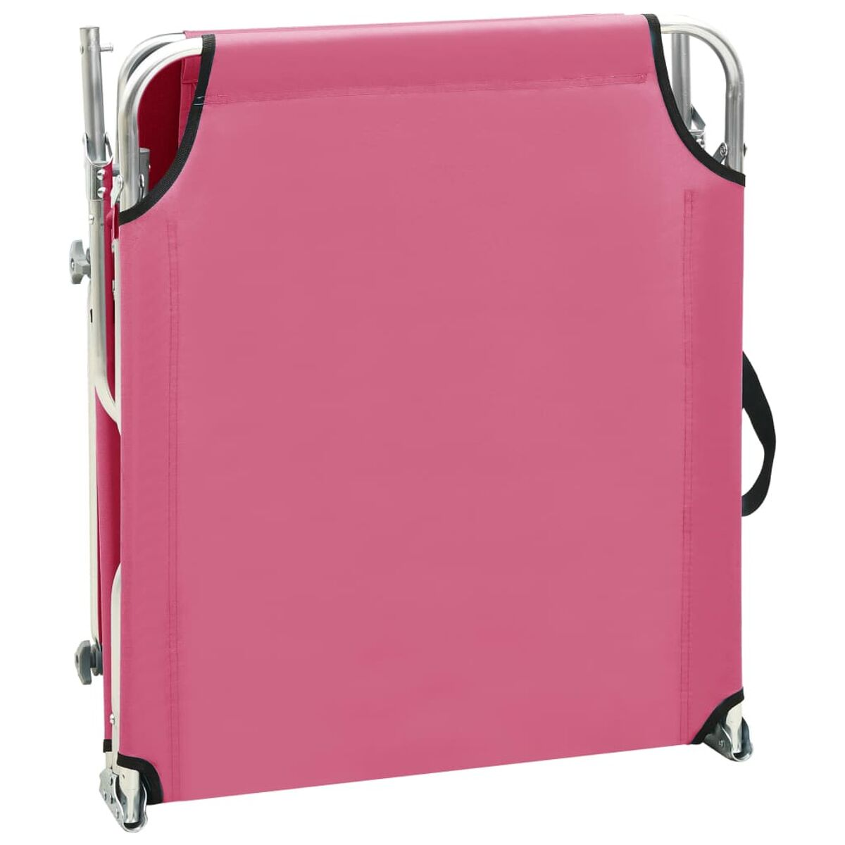 Zusammengeklappter rosa Strandstuhl. Schwarze Akzente. Seitenansicht.