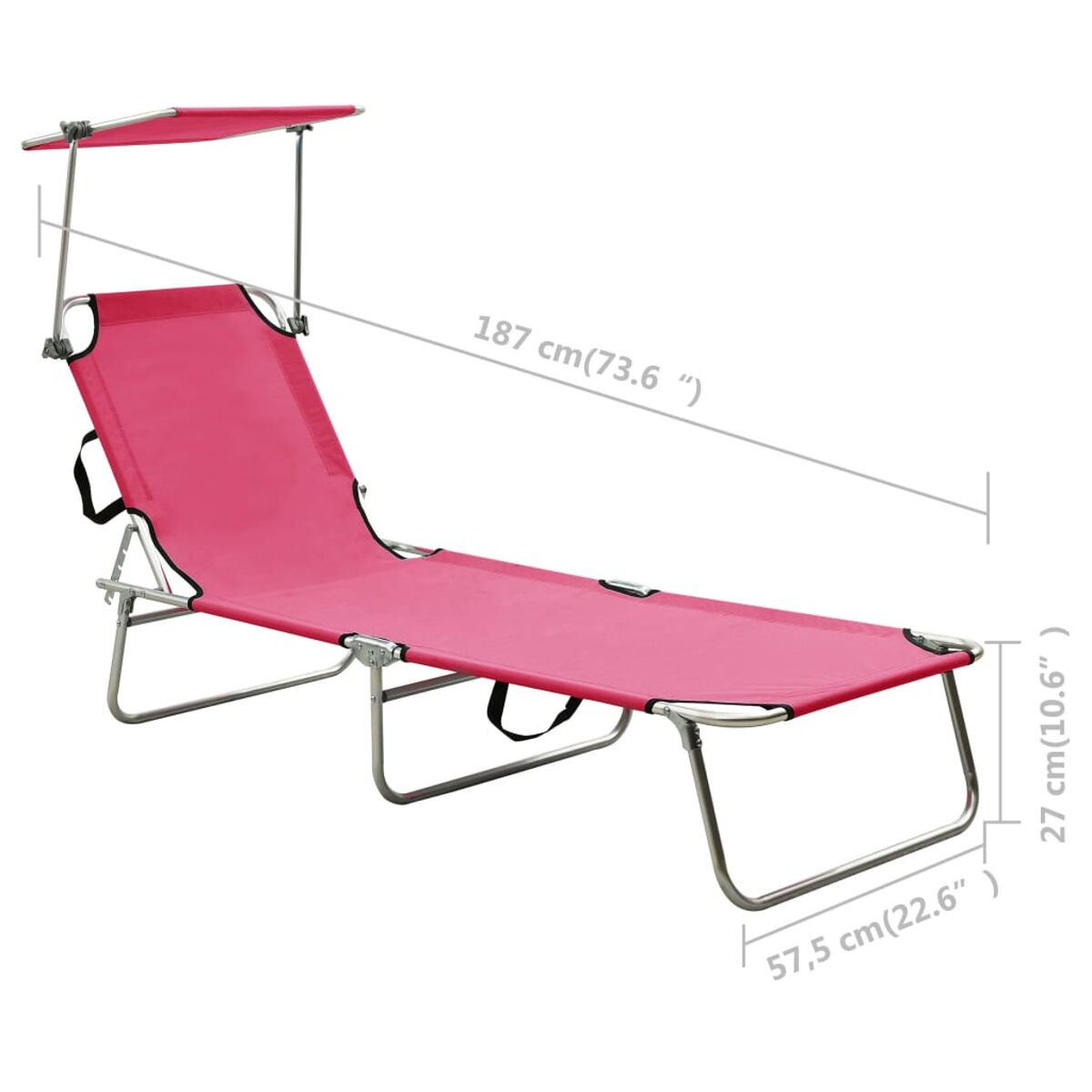Ein pinkfarbener Strandstuhl mit Sonnensegel. Maße sind in Zentimetern angegeben.