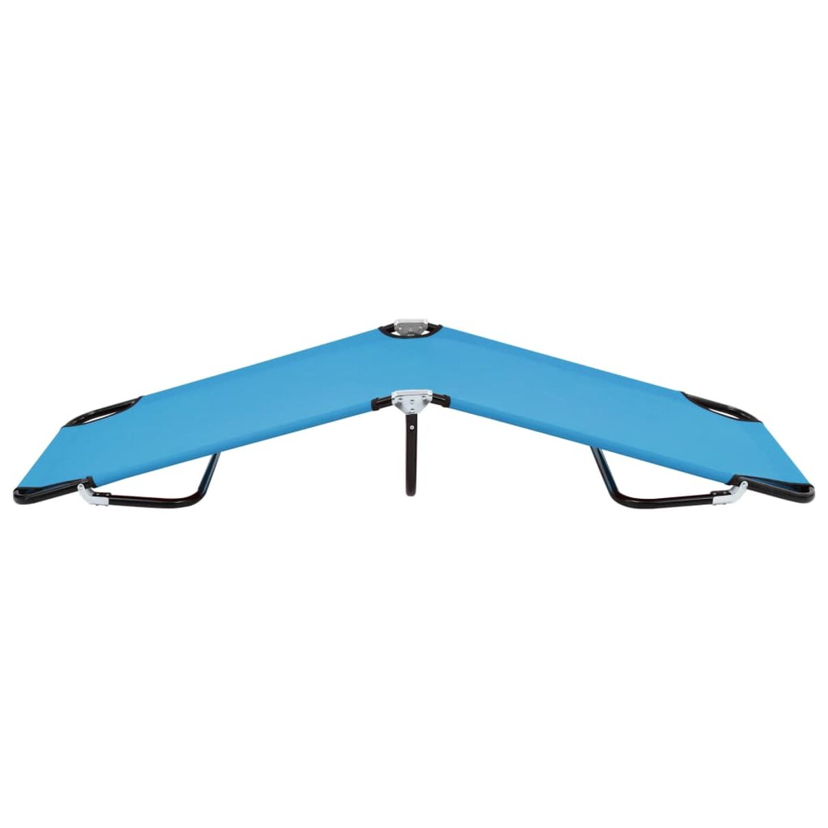 Blaues Klapp-Strandbett. Zwei schwarze Beine, blauer Stoff. Schräge Ansicht.