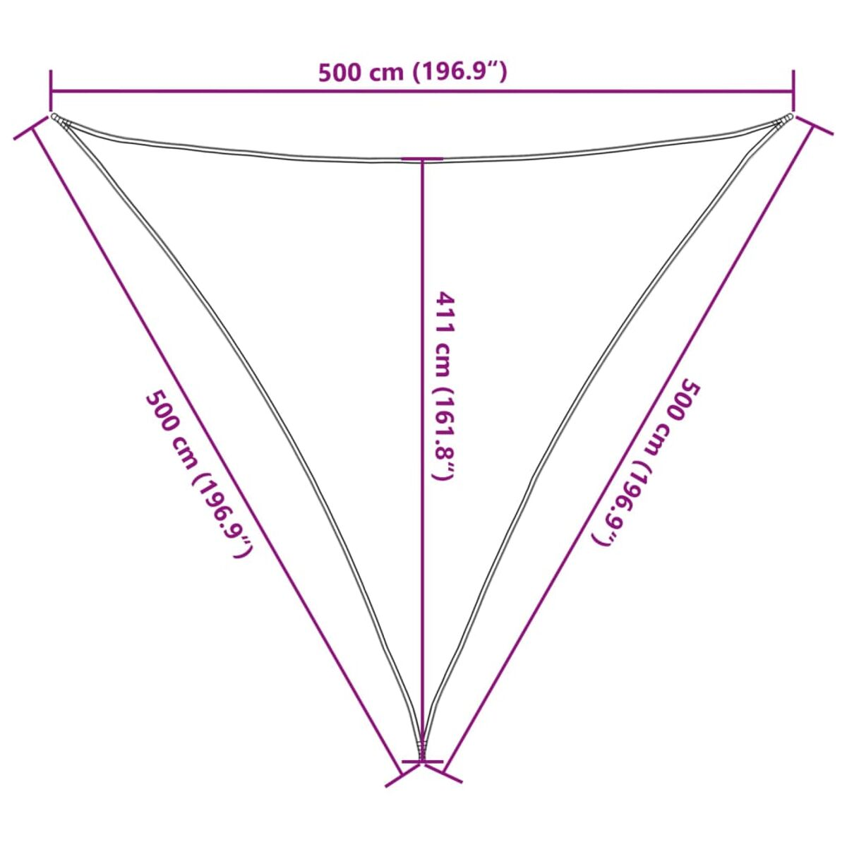 Diagramm eines dreieckigen Sonnensegels mit Maßangaben in cm und Zoll. Das Sonnensegel ist lila.