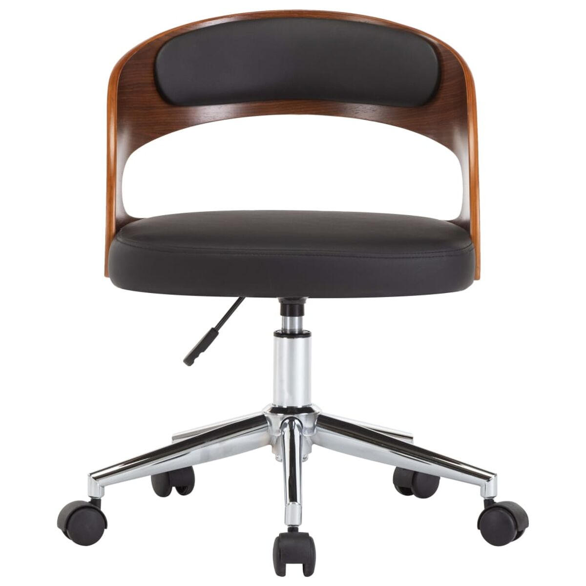 Ein Büro-Stuhl aus Holz und Schwarz mit geschwungener Rückenlehne und Rollen.