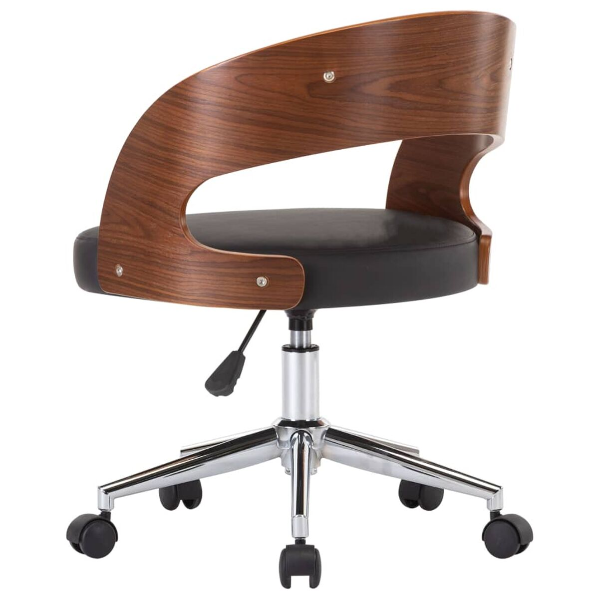 Bürostuhl mit Holzrücken, schwarzem Sitz, Chromgestell und Rollen.