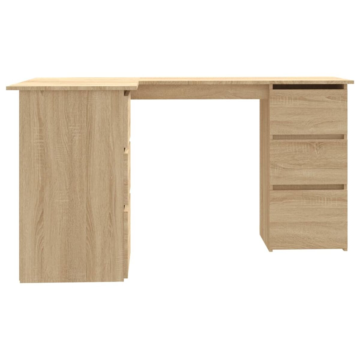 Ein hellbrauner Eckschreibtisch mit Schubladen. Es hat eine Holzstruktur.