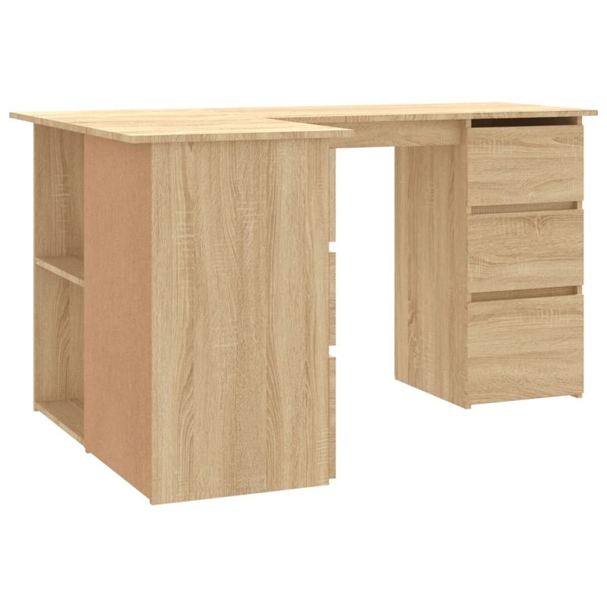 Heller, brauner Eckschreibtisch aus Holz mit Schubladen und offenen Regalen.