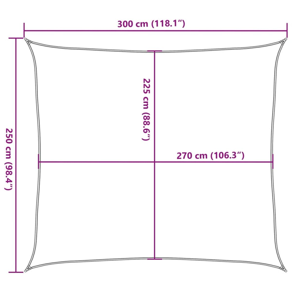 Quadratischer Sonnenschirm mit Maßen. Der Hintergrund ist weiß.