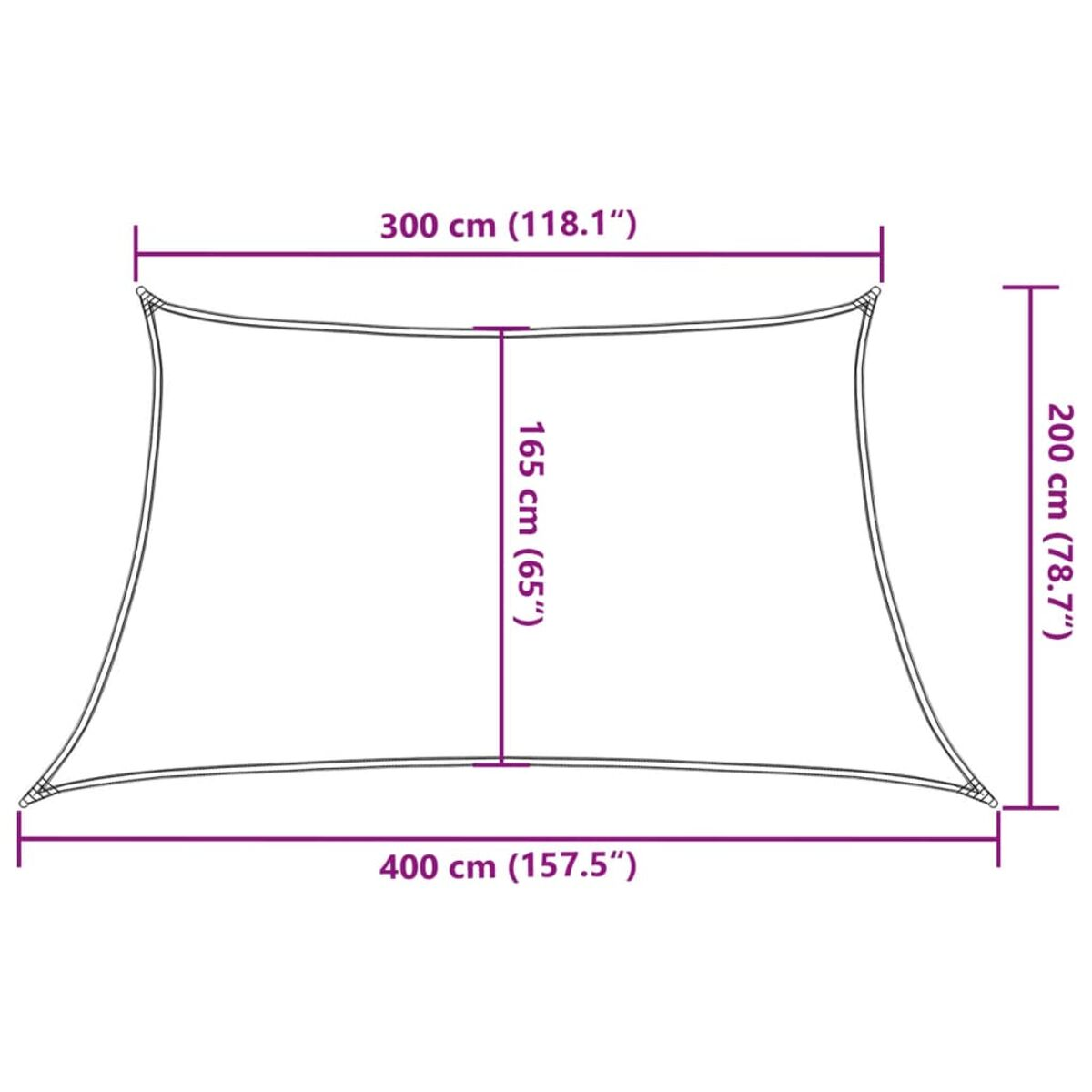 Diagramm eines quadratischen Sonnenschutzes mit Abmessungen in cm und Zoll.
