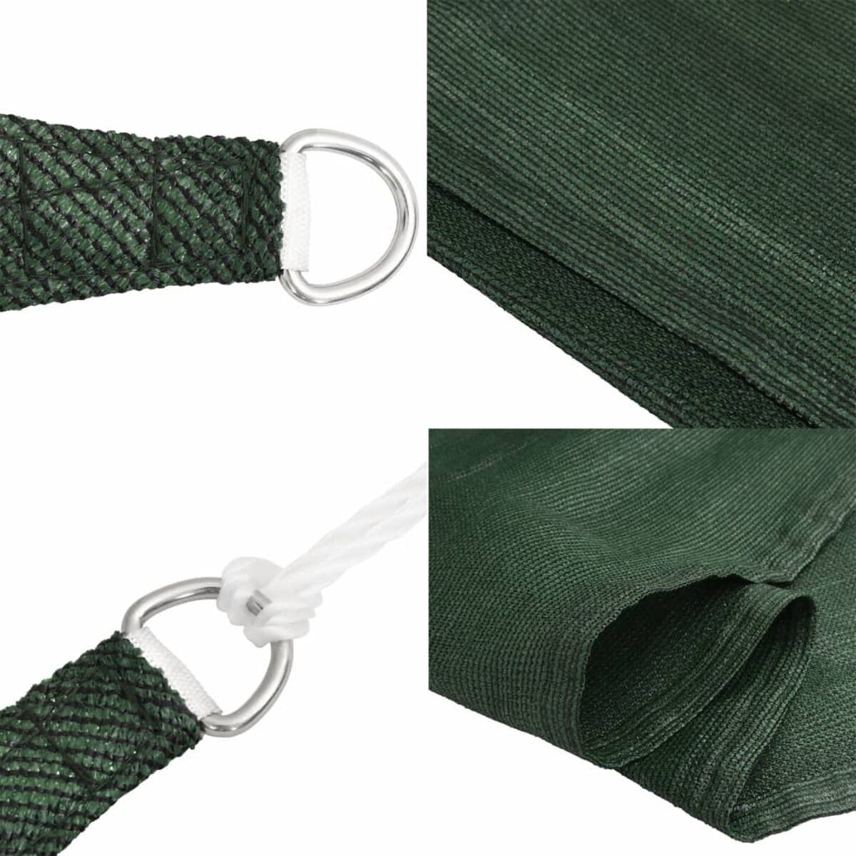 Nahaufnahme von grünem Sonnensegelmaterial. Enthält Öse mit D-Ring und Materialdetail.