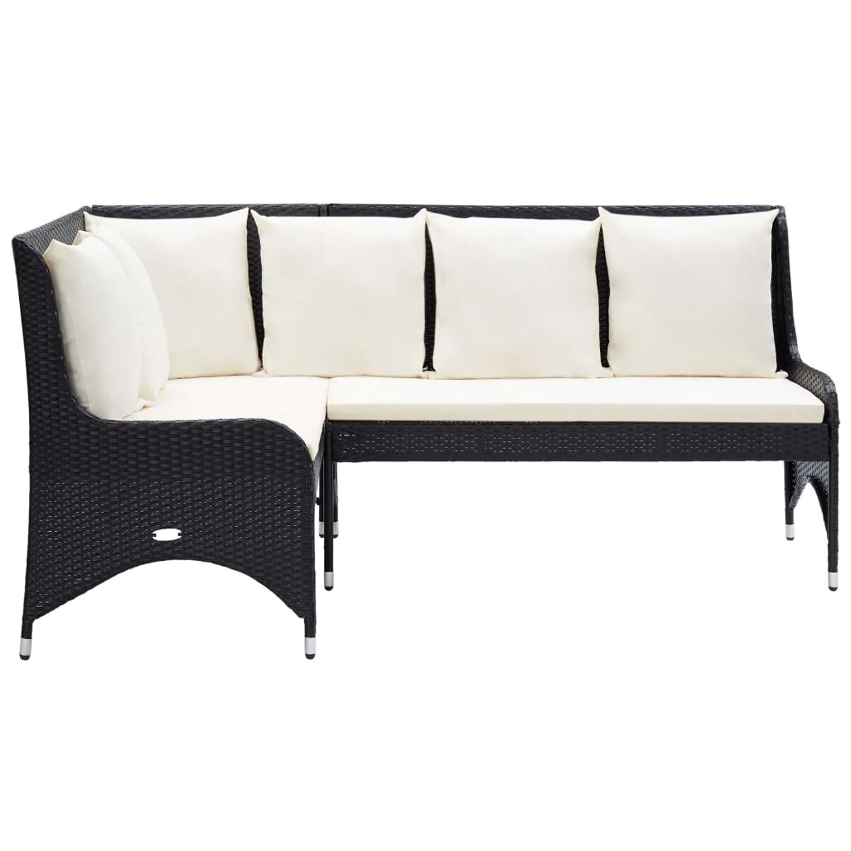 Ein schwarzes Ecksofa mit weißen Kissen. 3 Sitzkissen, 1 Kissen.