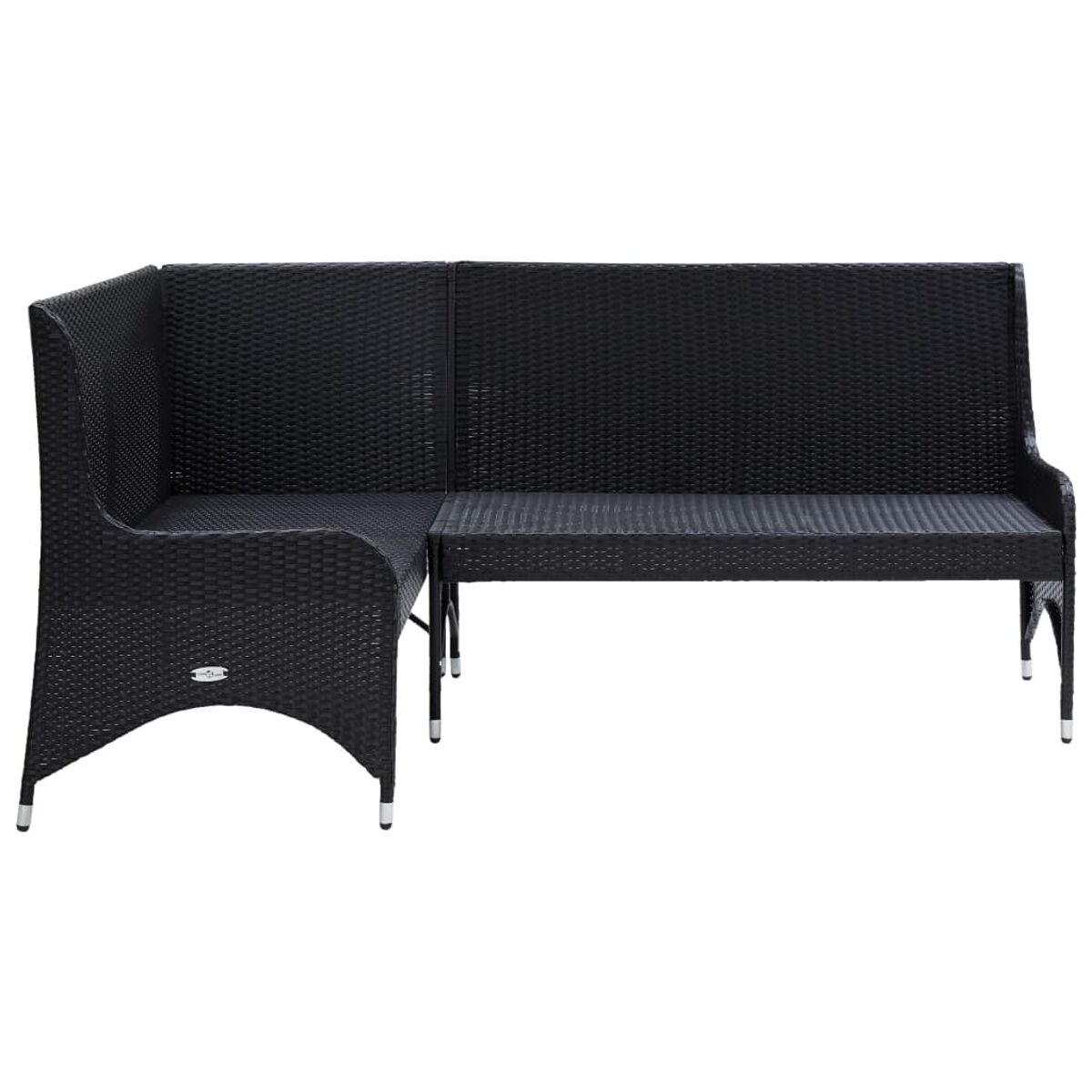 Schwarze Korbsitzbank für den Außenbereich mit Eckteil. Metallbeine, modernes Design.