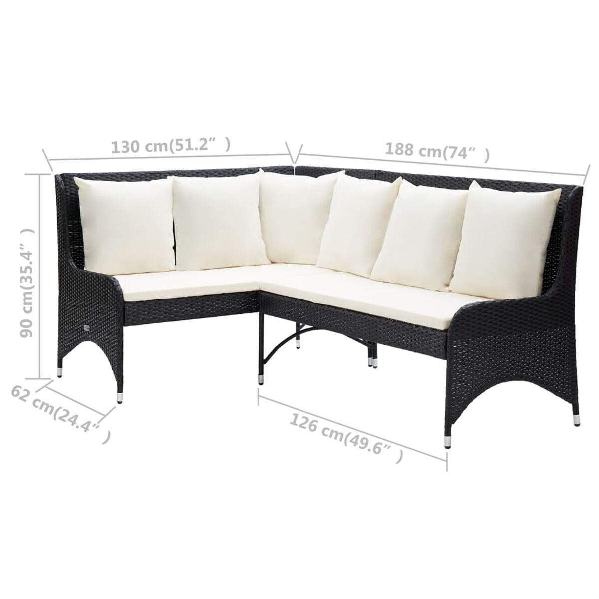Schwarzes Ecksofa aus Korbgeflecht mit weißen Kissen. Der Hintergrund ist weiß. Abmessungen sind angegeben.