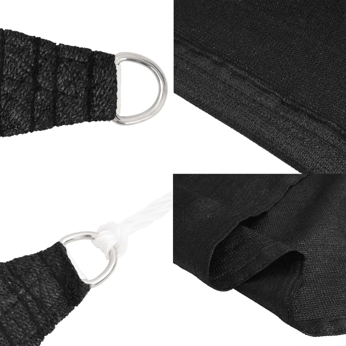 Nahaufnahme: Schwarzes Sonnensegel mit Metallringen. Details des Stoffes und der Befestigungen.