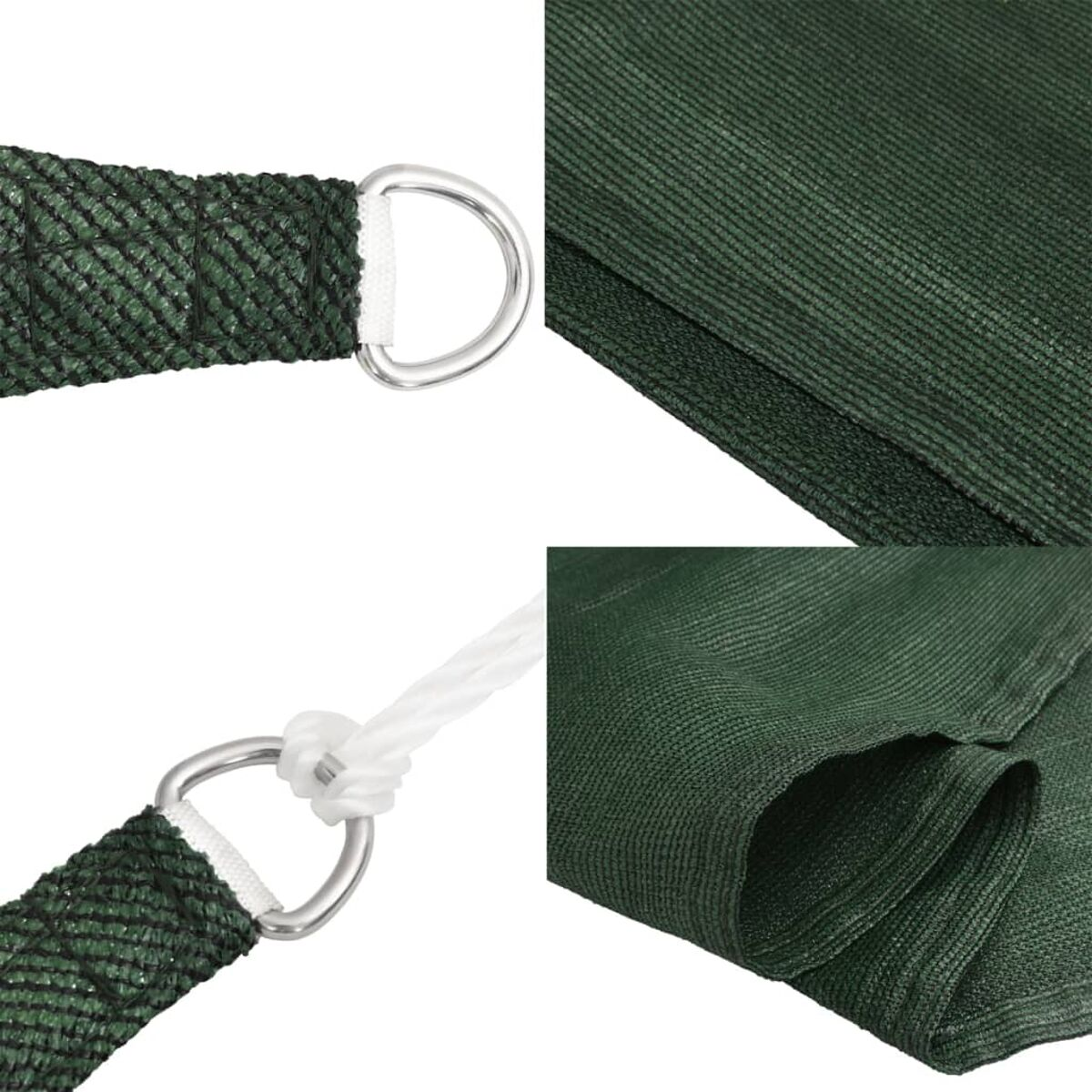 Grüne Sonnensegeldetails, D-Ringe und Stoff-Nahaufnahmen.