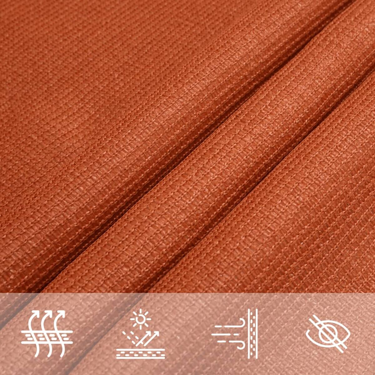 Nahaufnahme eines orangefarbenen Stoffes mit texturierter Webart. Symbole deuten auf Wind, Sonnenschutz und UV-Blockierung hin.
