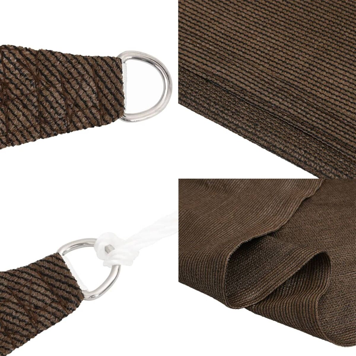 Braunes Sonnensegelgewebe mit Metallringen. Detail zeigt Material und Ring im Nahaufnahme.