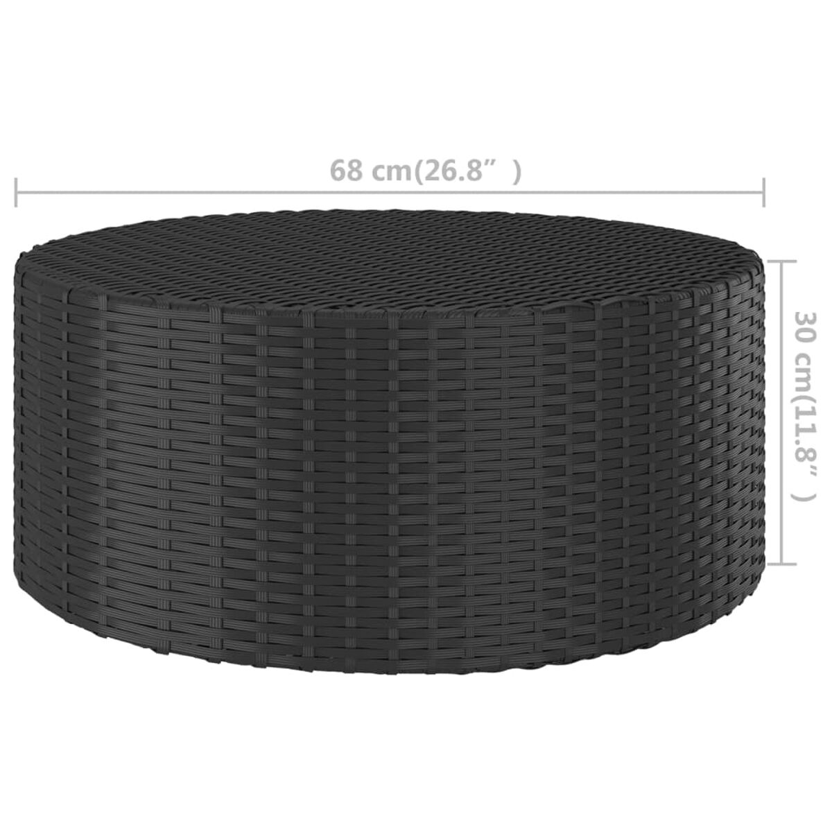 Schwarzer Couchtisch im Korbstil, Maße: 68 cm x 30 cm. Die Form ist rund.