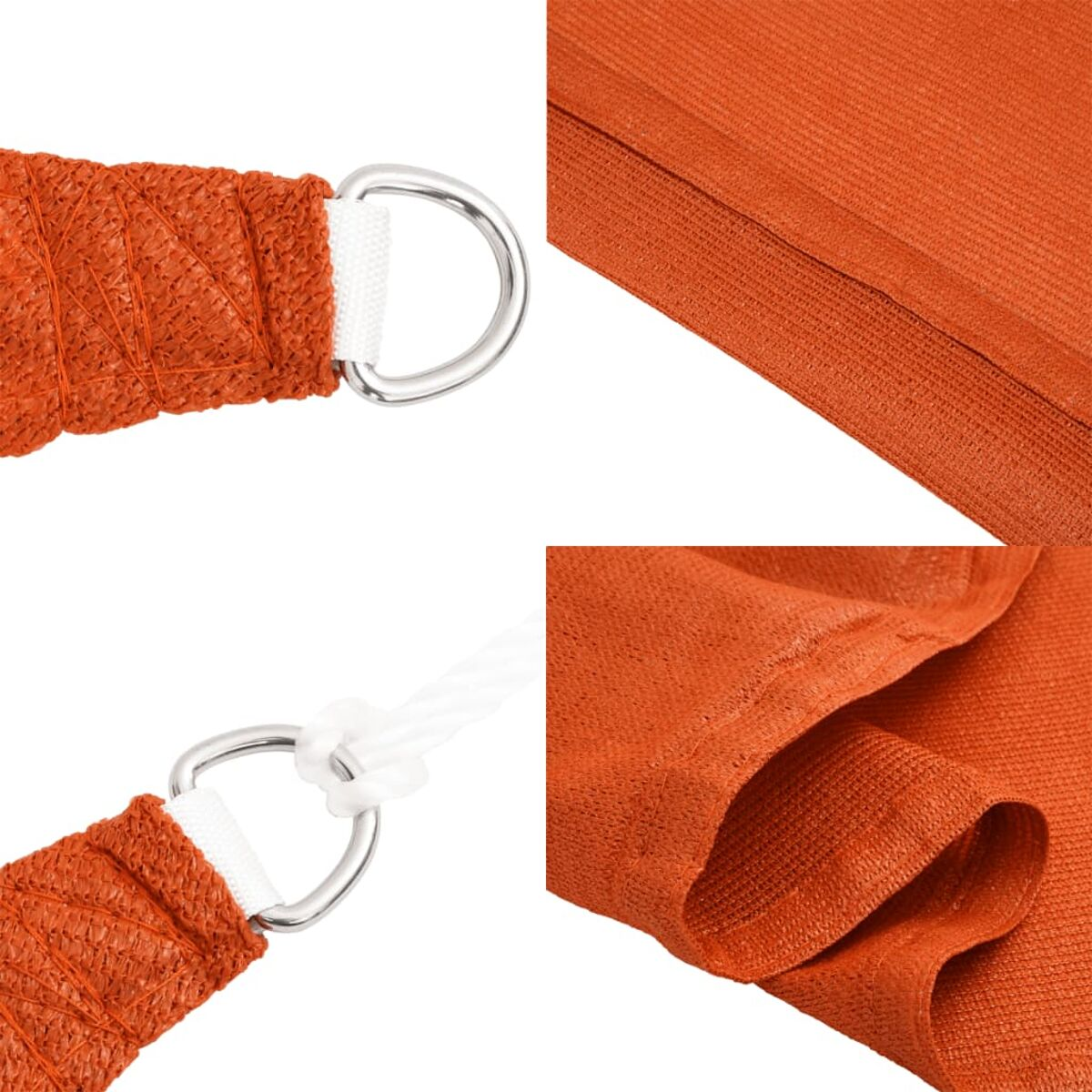 Nahaufnahme eines orangenen Sonnensegels mit Metallringen und weißen Seildetails.