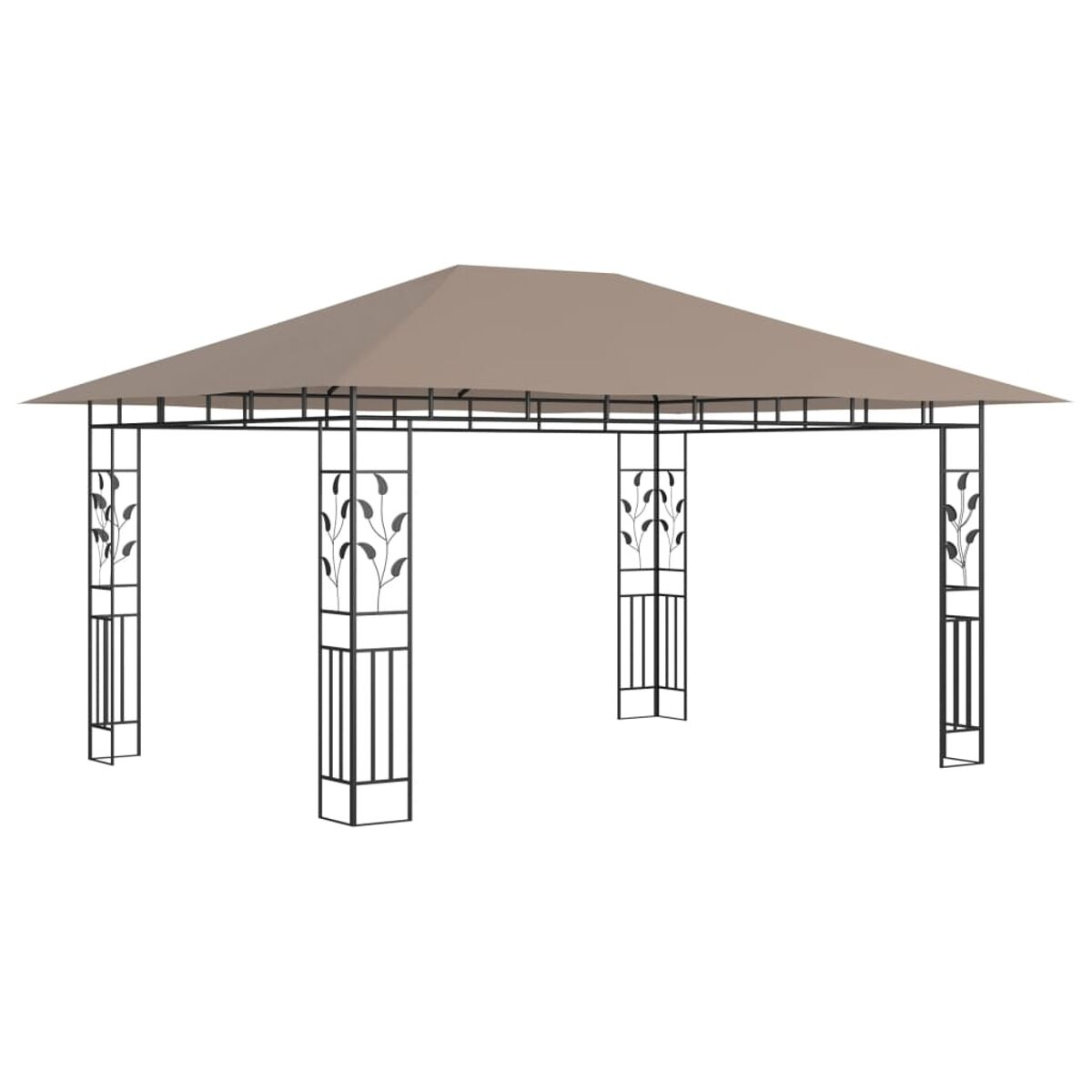 Schwarzer Pavillon mit beigem Baldachin und dekorativen Blättern.