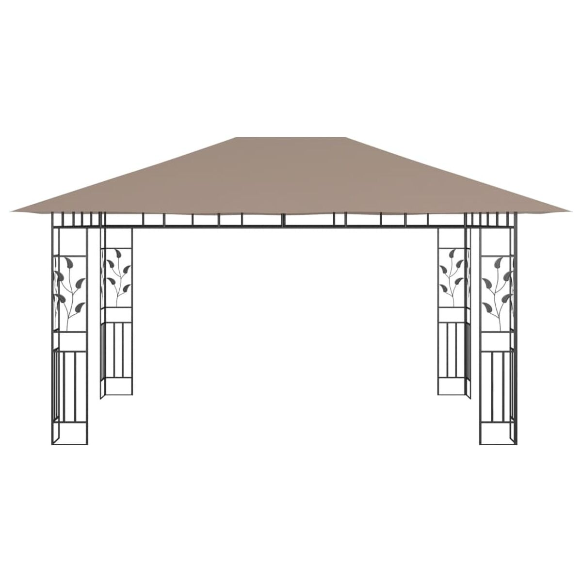 Schwarzer Metallpavillon mit braunem Dach. Dekorative Blattdetails an den Seiten.