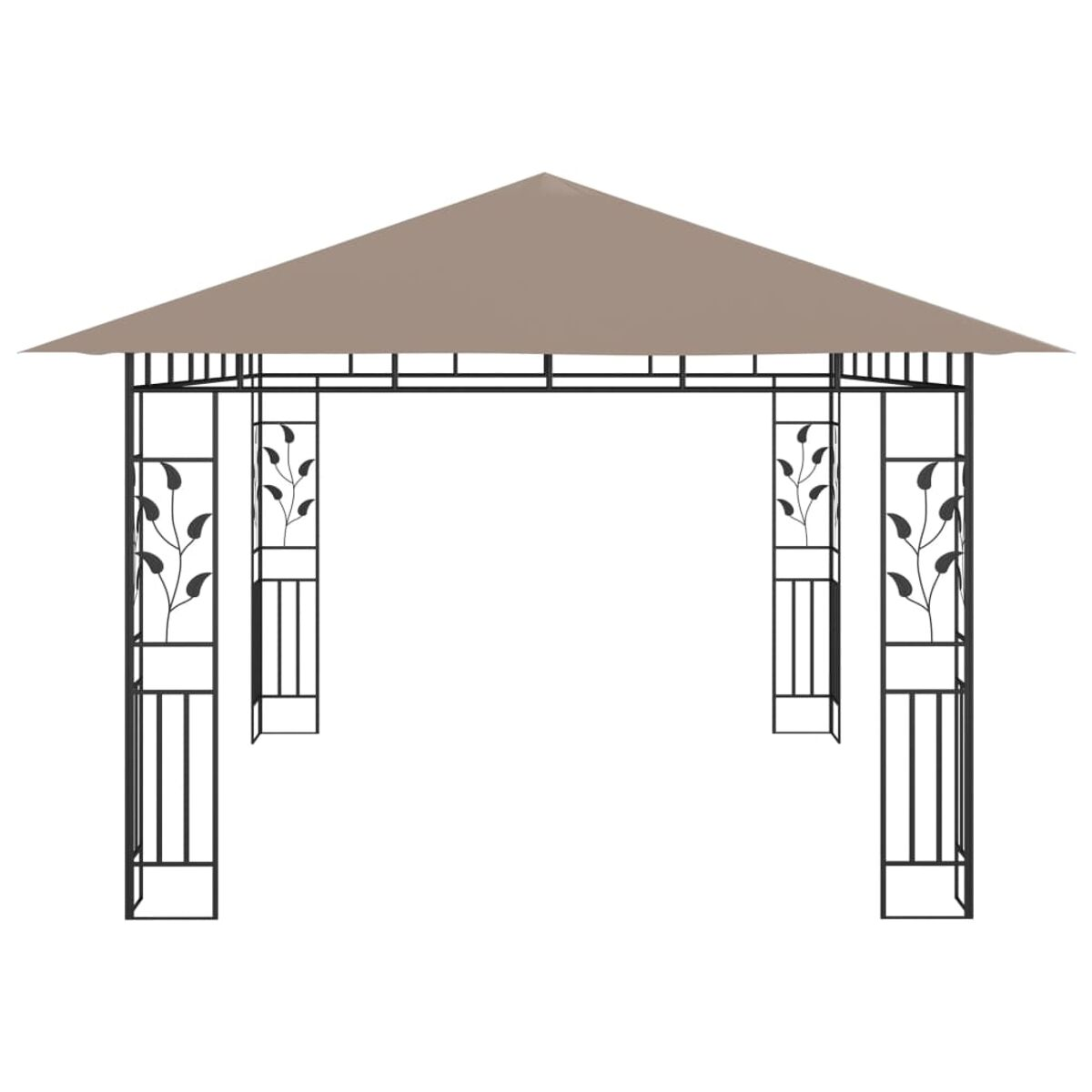 Ein Pavillon mit einem hellbraunen Dach und einem schwarzen Rahmen mit Blattdesign auf den Pfosten.