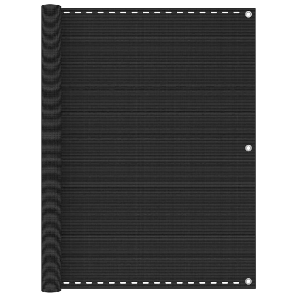 Eine schwarze Rolljalousie, teilweise aufgerollt. Der Stoff hat ein feines, strukturiertes Muster. Weißer Hintergrund.