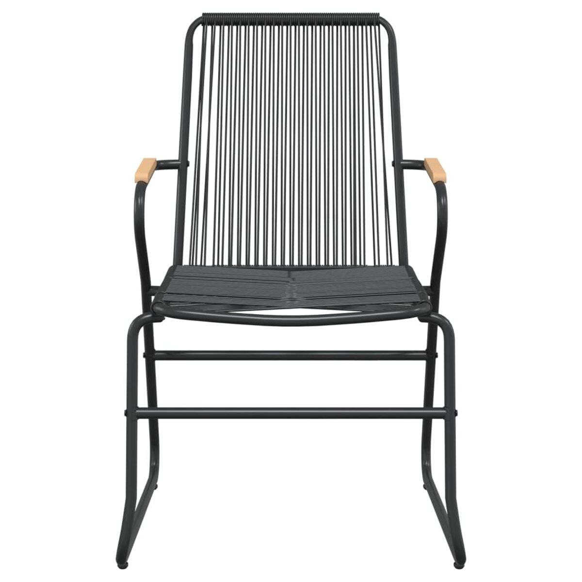 Schwarzer Stuhl. Schwarz geflochtener Rücken und Sitz. Holzarmlehnen, Metallrahmen.