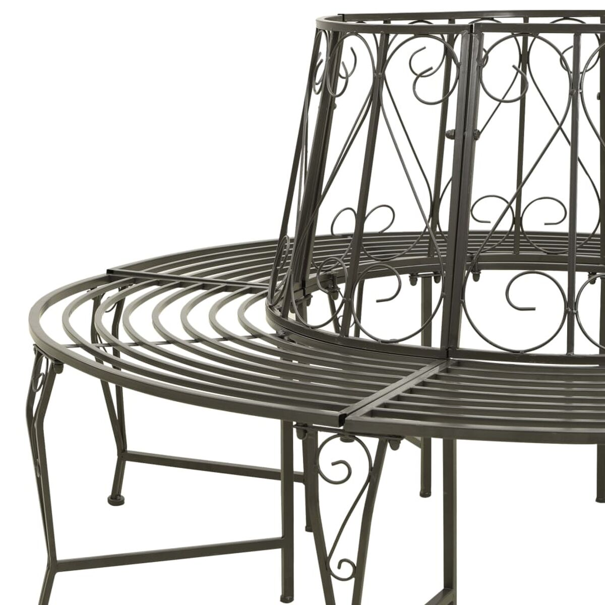 Metall-Gartenbank mit verziertem Rückenlehnen-Design und gebogener Sitzfläche.