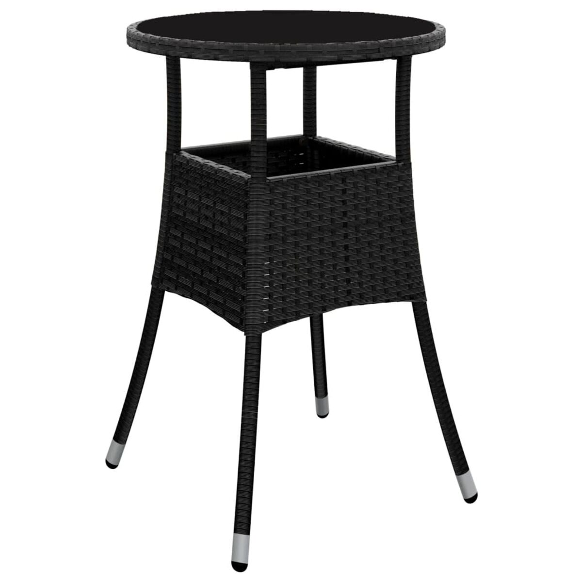 Schwarzer Bartisch aus Korbgeflecht mit Glasplatte. Er hat silberne Füße. Weißer Hintergrund.