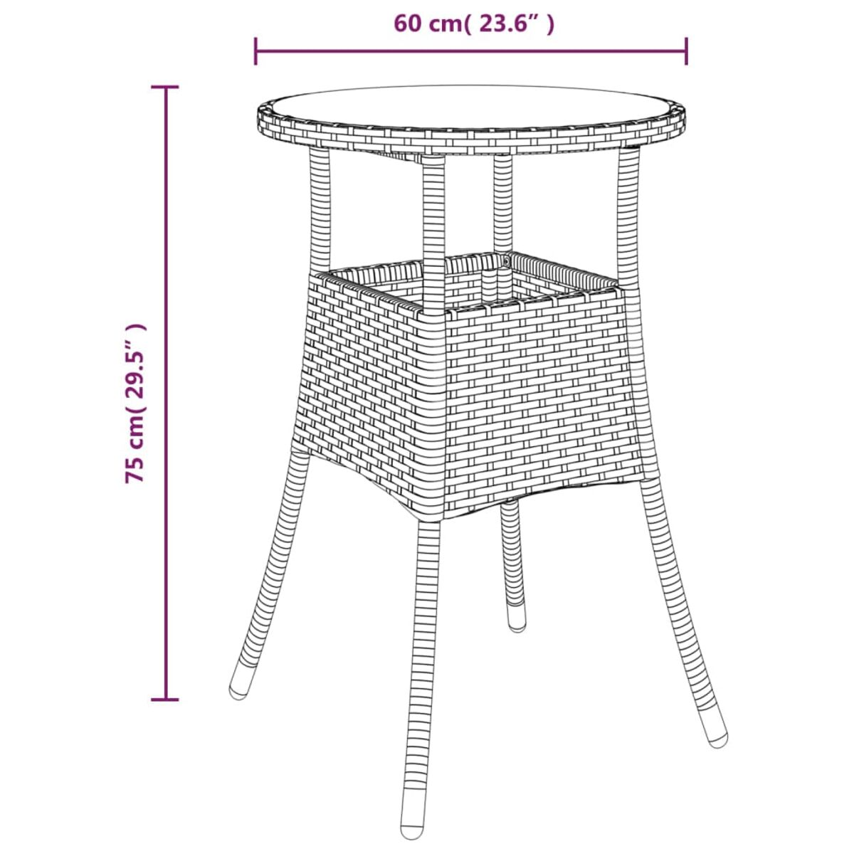 Rattan-Bartisch mit Maßen. Weißer Hintergrund.