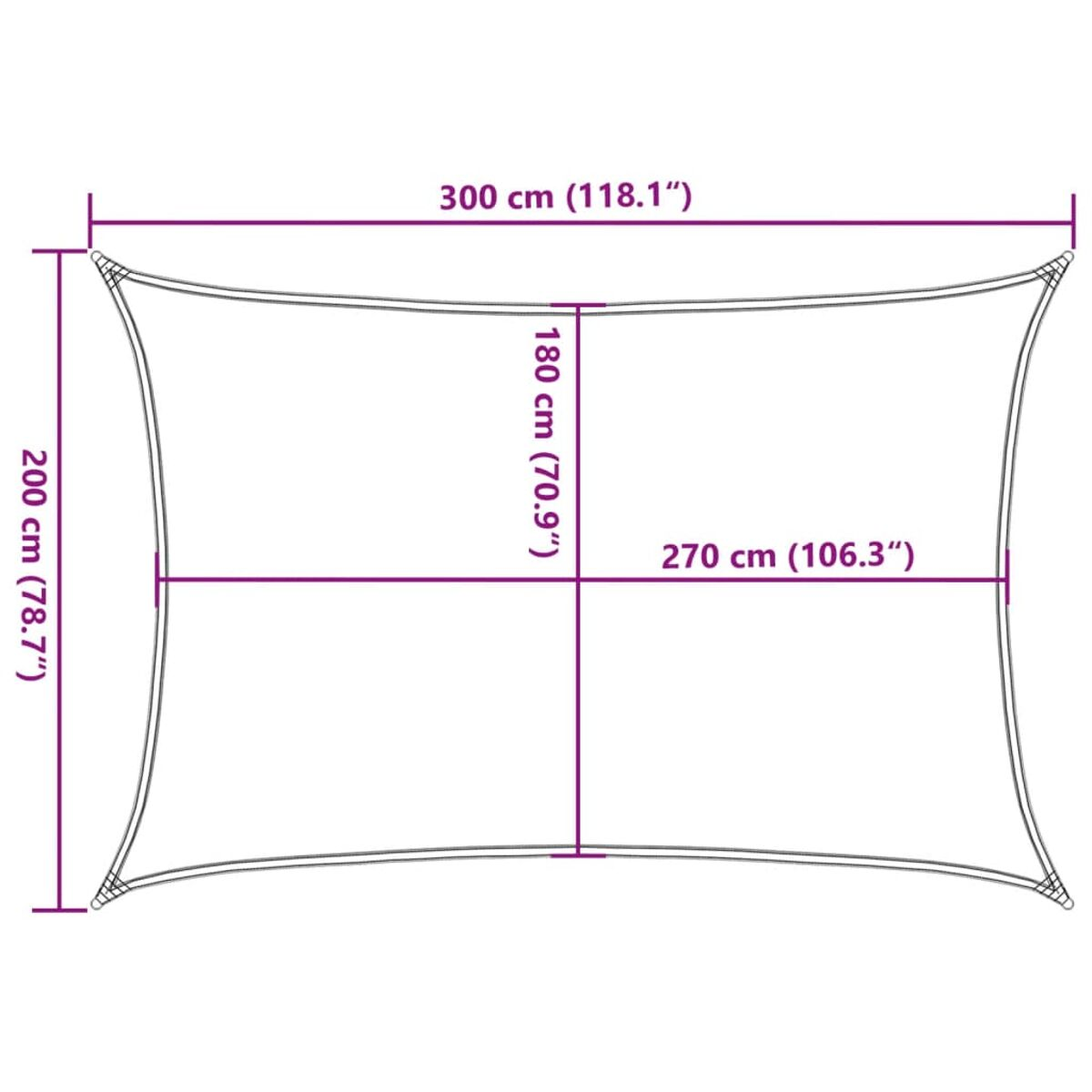 Ein Diagramm eines rechteckigen Sonnensegels mit Maßen in cm und Zoll.