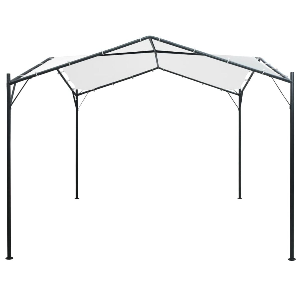 Ein weißer Pavillon mit schwarzem Metallrahmen und vier Stützbeinen auf weißem Hintergrund.