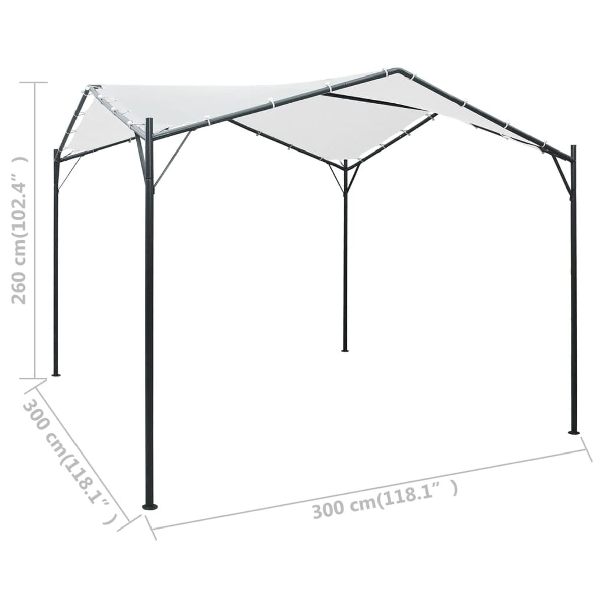 Weiße Überdachungsstruktur mit schwarzem Rahmen. Maße sind 260x300x300 cm (102,4x118,1x118,1 Zoll).