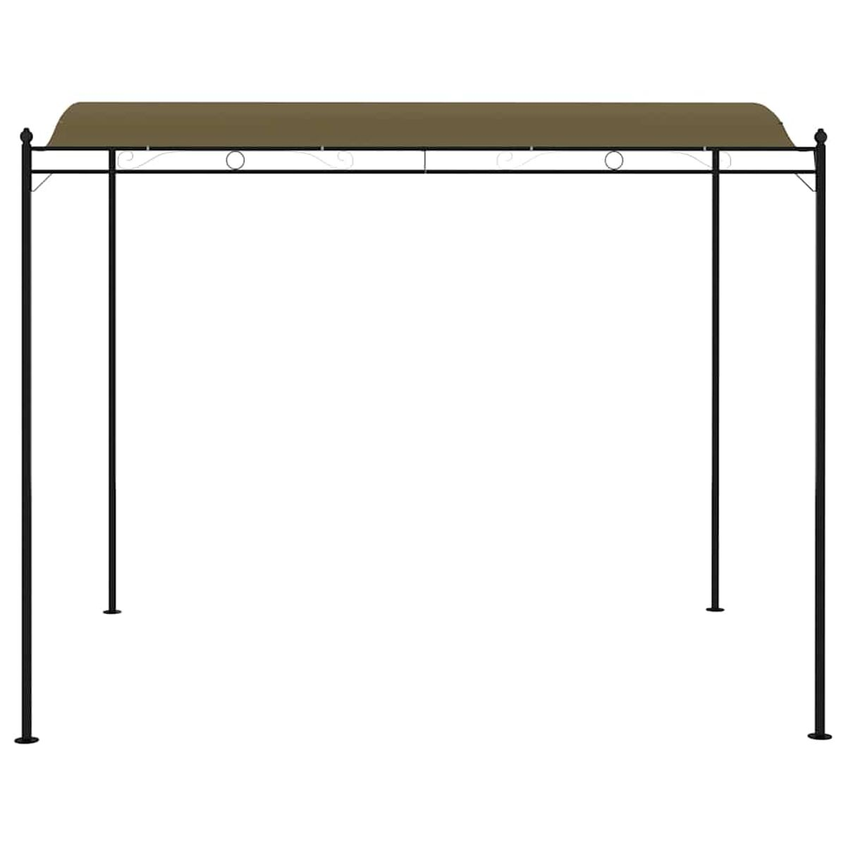 Schwarzes Metall-Pavillon-Gestell mit braunem Baldachin. Einfaches Design, auf weißem Hintergrund.